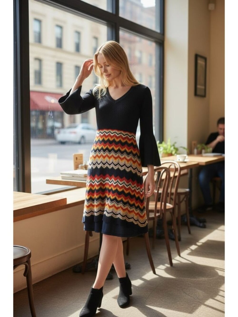 Cato 1970s Retro Chevron Sweater Knit Dress Small Black Boho-Chic Earthy Indie